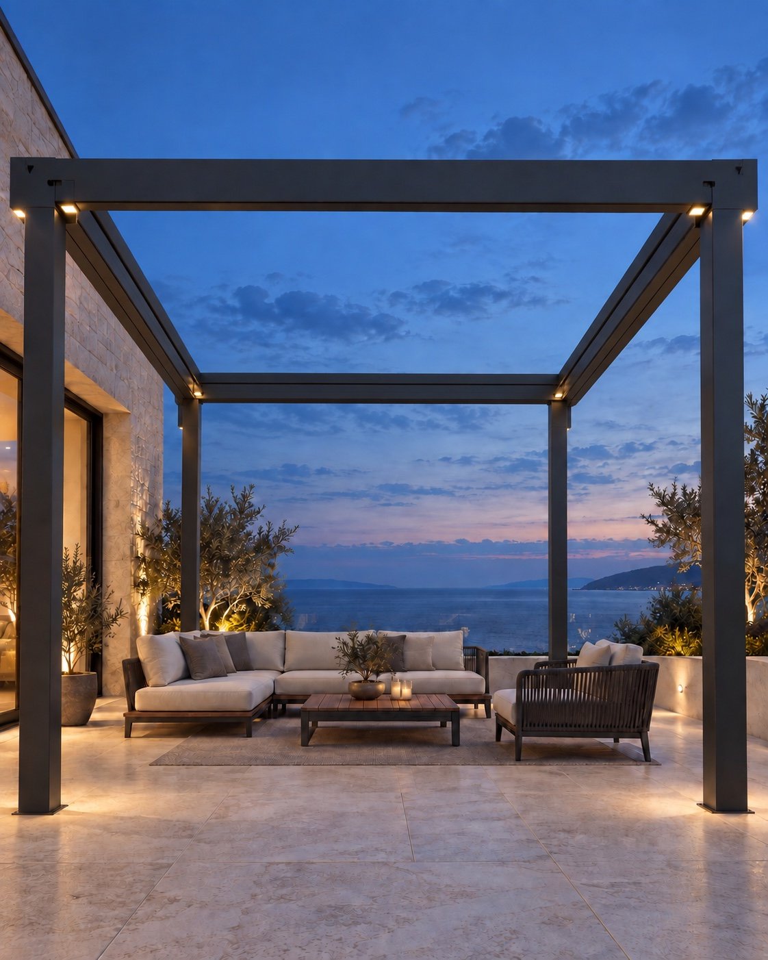 Gizli dereli antrasit alüminyum bioklimatik pergola taşıyıcı yapısı