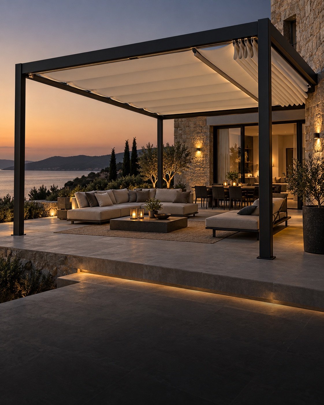 Alüminyum profiller üzerinde motorlu kumaş pergola tavanı