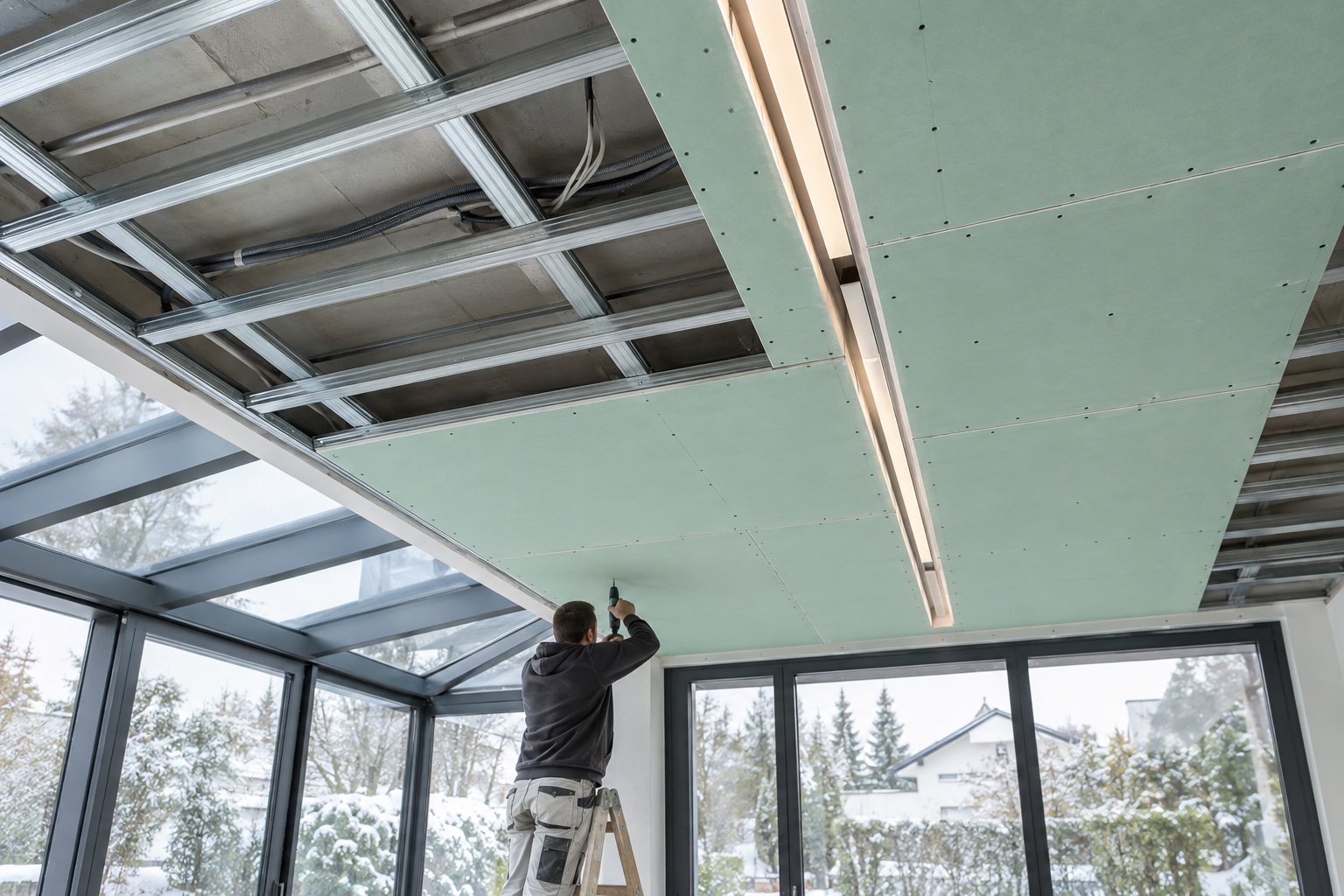 Galvaniz tavan profilleri üzerine neme dayanıklı alçıpan tavan montajı