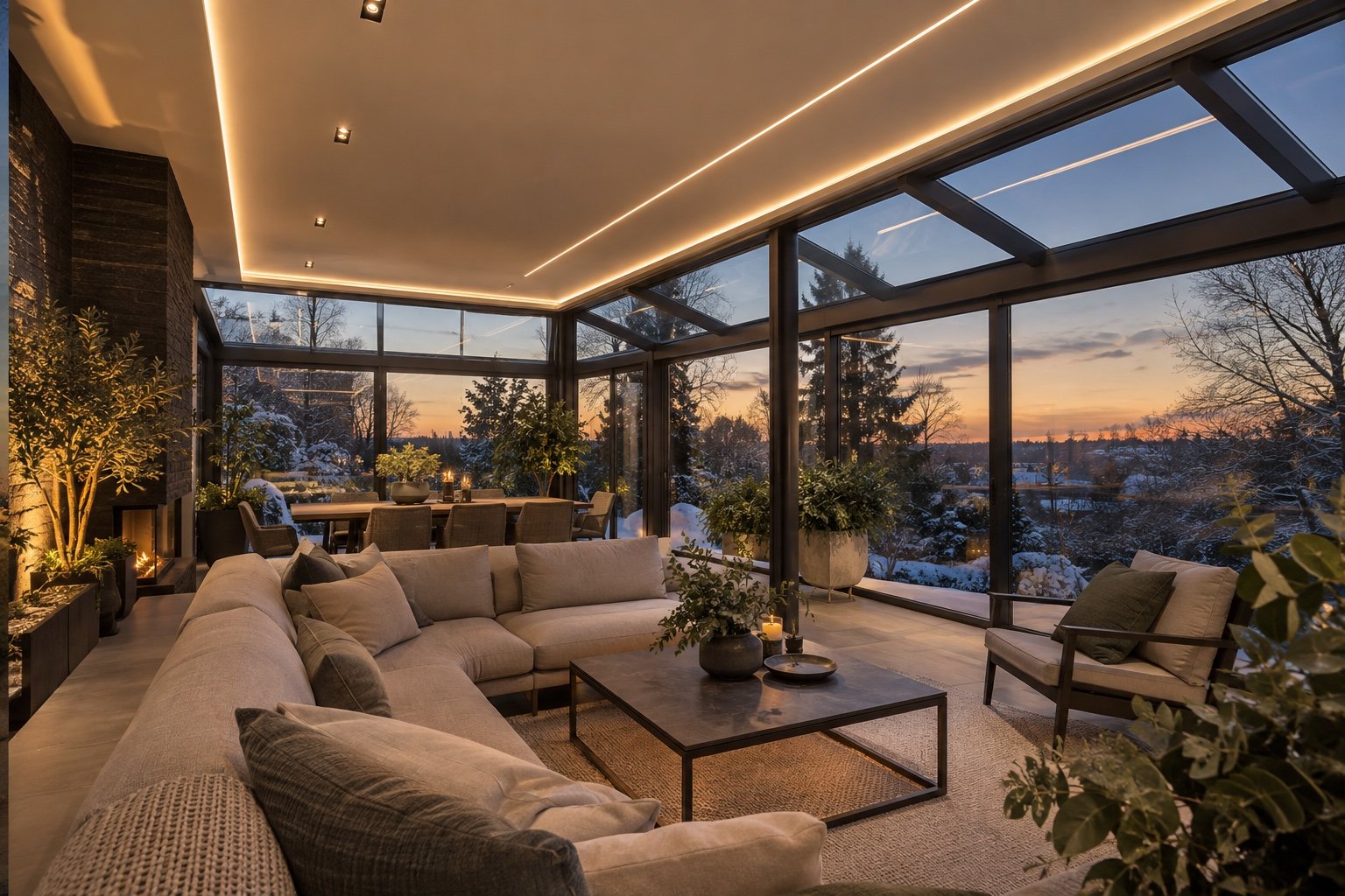 Sıcak lineer LED ve spot aydınlatmalı tamamlanmış modern kış bahçesi